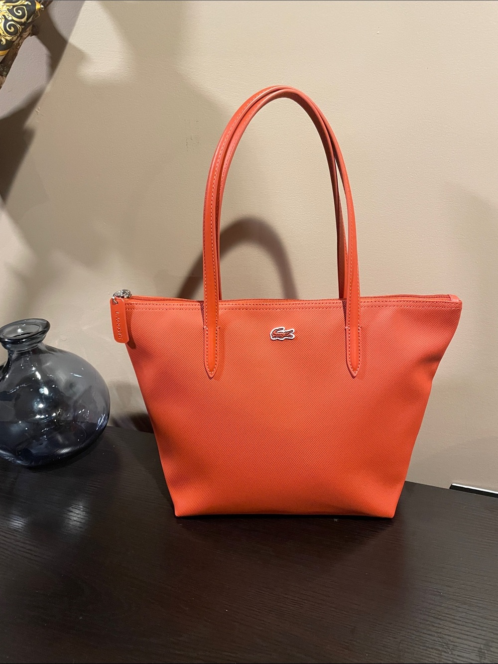 Lacoste Coral-Orange Small Pique Tote with Zip